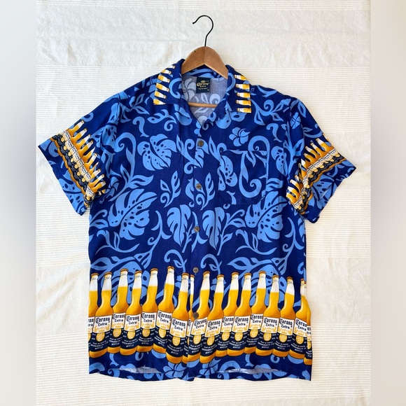 Vintage Corona Extra Beer Print Rayon Hawaiian Style Button Down Shirt - Picture 6 of 12